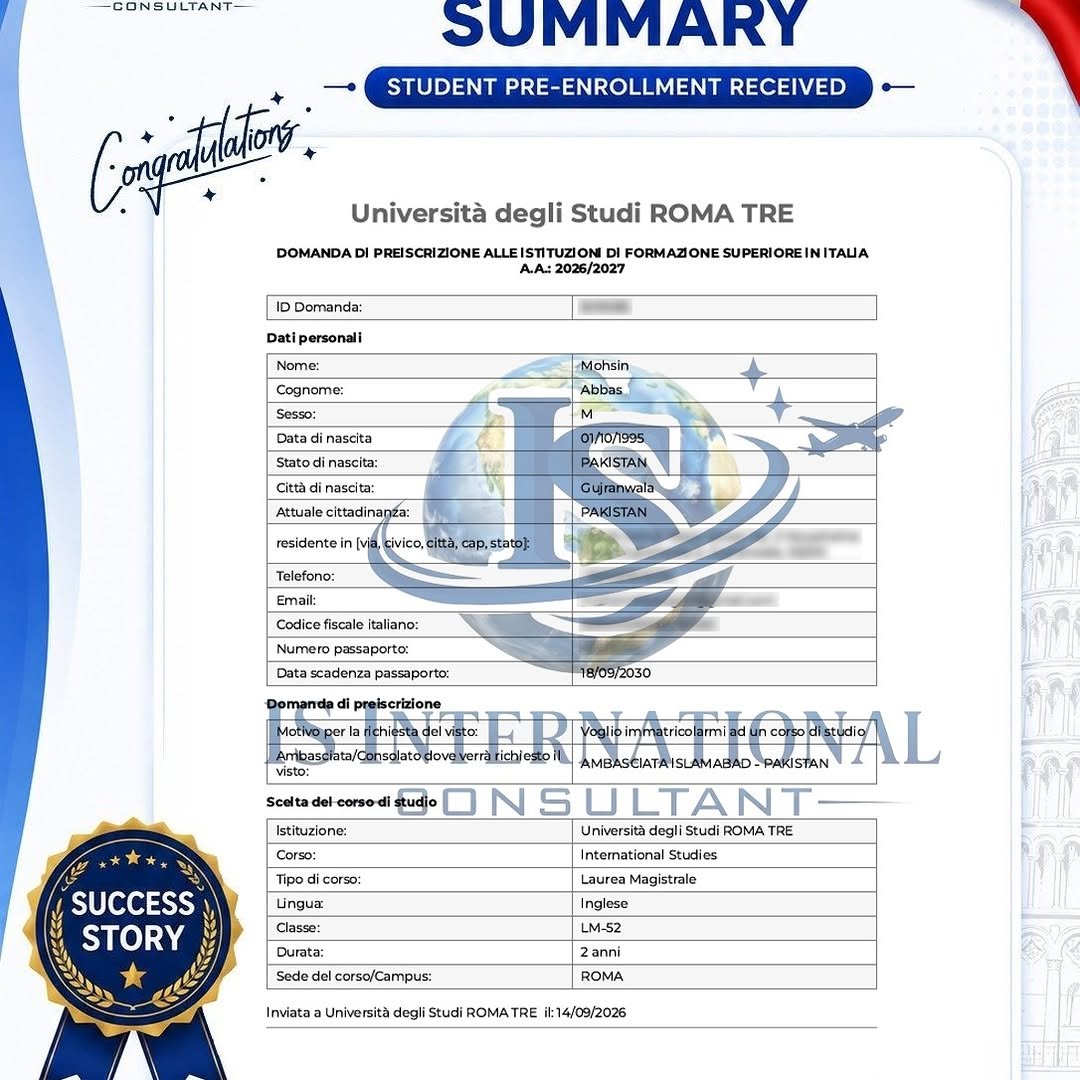 Mohsin Abbas — Pre-Enrollment Summary — Università degli Studi Roma Tre