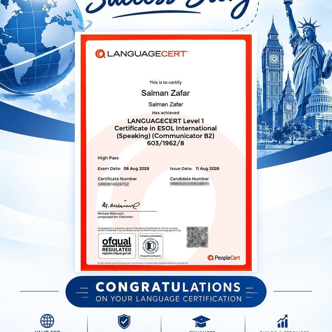 Salman Zafar — LanguageCert Level 1 Certificate Achieved